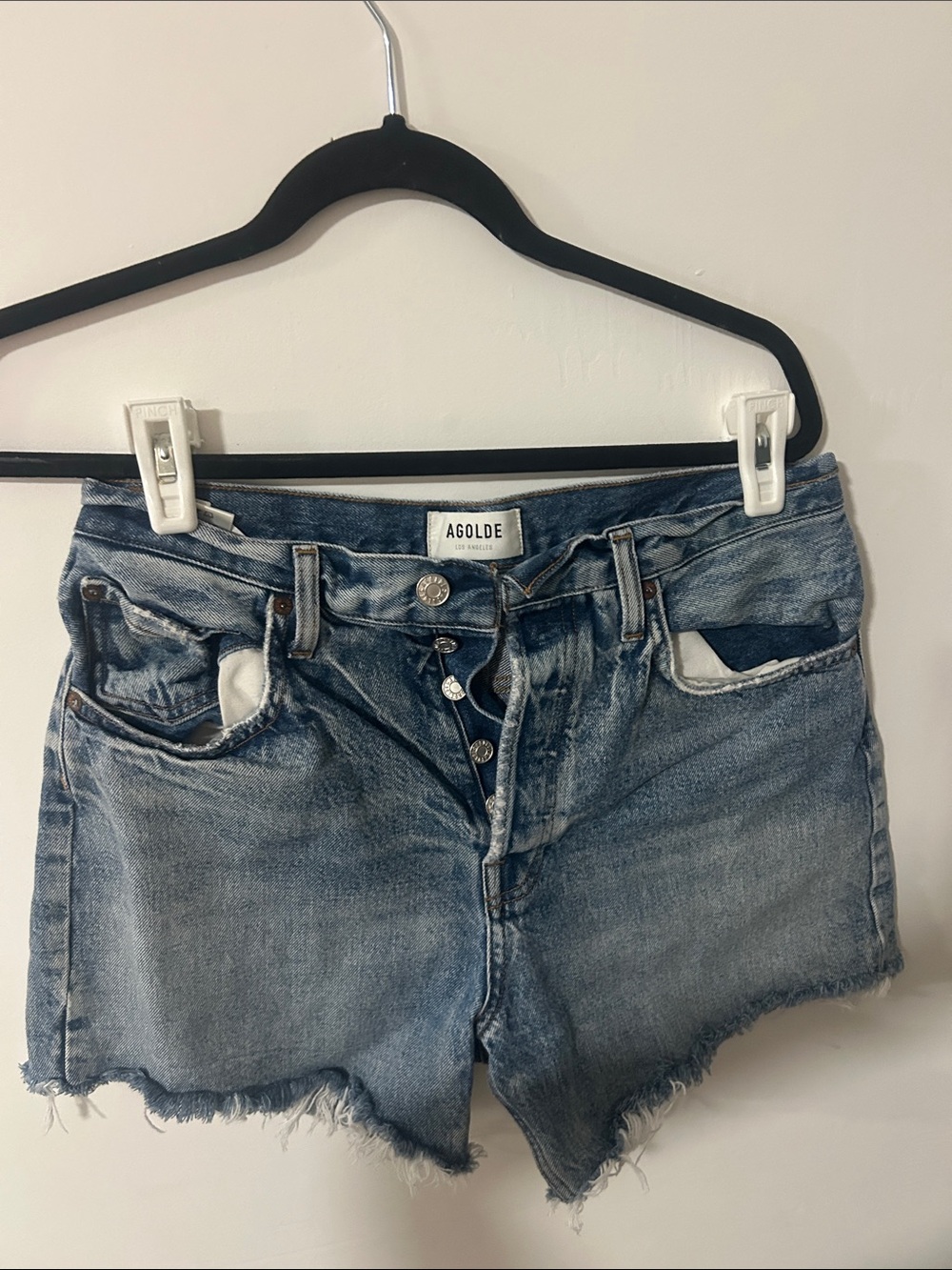 Agolde Light Blue Distressed Denim Cutoff Shorts